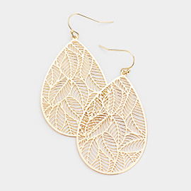 Filigree Leaf Detail Brass Metal Teardrop Dangle Earrings