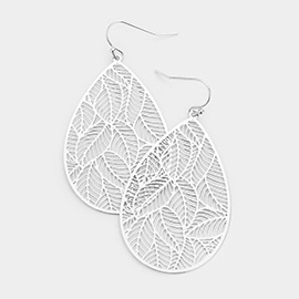 Filigree Leaf Detail Brass Metal Teardrop Dangle Earrings