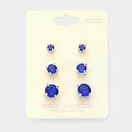 3Pairs - CZ Cubic Zirconia Round Stud Earrings