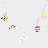 Enamel Honey Bee Rainbow Bunny Easter Egg Pendant Station Necklace