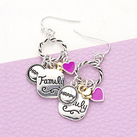 Braided Open Circle Happy Family Enamel Heart Dangle Earrings