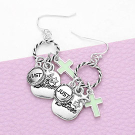 Braided Open Circle Just Believe Enamel Cross Dangle Earrings