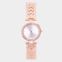 Rhinestone Trim Round Dial Metal Band Watch