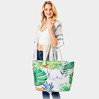 Tropical Leaf Print Beach Tote Bag