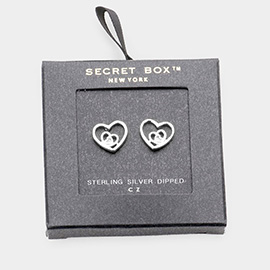 Secret Box _ Sterling Silver Dipped CZ Triple Metal Heart Stud Earrings