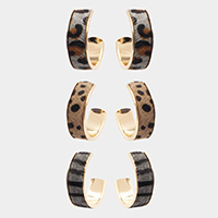 3Pairs - Animal Pattern Genuine Leather Half Hoop Earrings