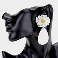 Flower Accented Mother of Pearl Teardrop Link Earrings