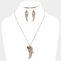 Rhinestone Embellished Antique Metal Wings Heart Pendant Necklace