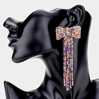 Bow Accented Rhinestone Long Drop Evening Earrings