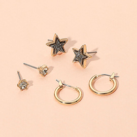 3Pairs - Brass Metal Round Stone Druzy Star Hoop Earring Set