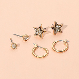 3Pairs - Brass Metal Round Stone Druzy Star Hoop Earring Set