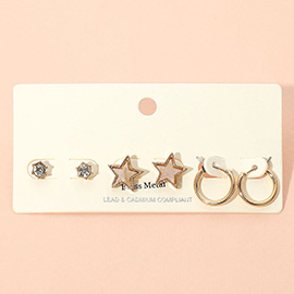 3Pairs - Brass Metal Round Stone Druzy Star Hoop Earring Set