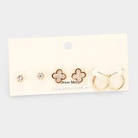 3Pairs - Brass Metal Round Stone Druzy Quatrefoil Hoop Earrings