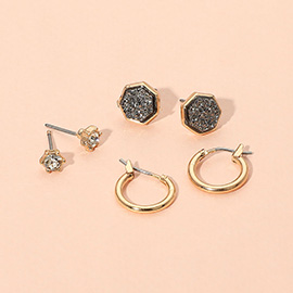 3Pairs - Brass Metal Round Stone Druzy Heptagon Hoop Earring Set