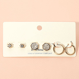 3Pairs - Brass Metal Round Stone Druzy Heptagon Hoop Earring Set