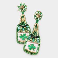 Felt Back Sequin ST Patrick's Day Clover Accented Champagne Beer Dangle Earrings