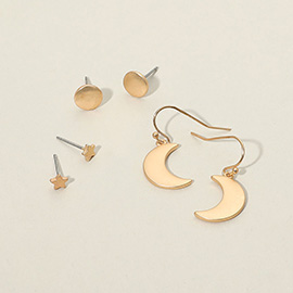 3Pairs - Metal Star Round Crescent Moon Earring Set