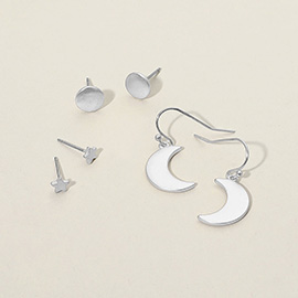 3Pairs - Metal Star Round Crescent Moon Earring Set