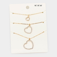 3PCS - Rhinestone Embellished Open Heart Pendant Necklaces