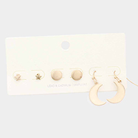 3Pairs - Metal Star Round Crescent Moon Earrings