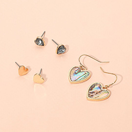 3Pairs - Metal Abalone Heart Earring Set