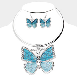 Colored Metal Stone Trim Butterfly Pendant Necklace
