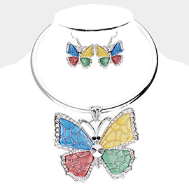 Colored Metal Stone Trim Butterfly Pendant Necklace