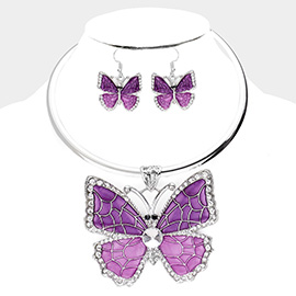 Colored Metal Stone Trim Butterfly Pendant Necklace