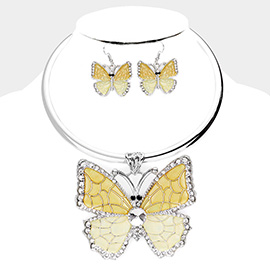 Colored Metal Stone Trim Butterfly Pendant Necklace