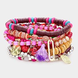 10PCS - Multi Bead Metal Coin Disc Tassel Charm Layered Bracelets