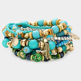 9PCS - Wood Bead Metal Coin Disc Chain Tassel Charm Layered Bracelets