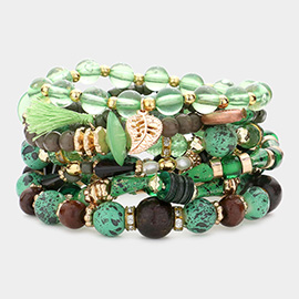 7PCS - Wood Metal Leaf Tassel Puka Shell Charm Stretch Layered Bracelets