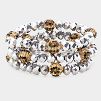 3PCS - Leopard Pattern Shamballa Ball Faceted Bead Stretch Bracelets