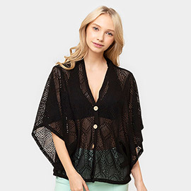 Geometric Pattern Knit Button Down Kimono Poncho