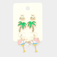 3Pairs - Enamel Palm Tree Cocktail Earrings