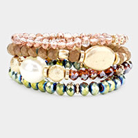 4PCS - Pearl Accented Faceted Beaded Stretch Bracelets