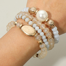 4PCS - Pearl Accented Faceted Beaded Stretch Bracelets