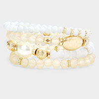 4PCS - Pearl Accented Faceted Beaded Stretch Bracelets