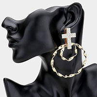 Stone Embellished Cross Accented Twisted Open Metal Circle Layered Earrings