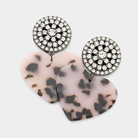 Rhinestone Embellished Round Celluloid Acetate Heart Link Dangle Earrings