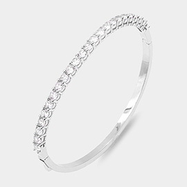 Rhodium Plated CZ Stone Paved Hinged Bangle Evening Bracelet
