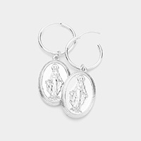 Metal Hoop Virgin Mary Accented Oval Dangle Earrings