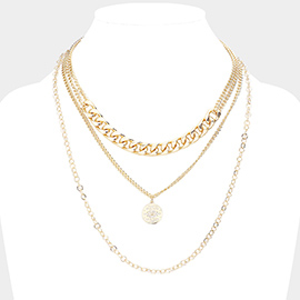 Rhinestone Embellished Evil Eye Metal Disc Pendant Triple Layered Necklace