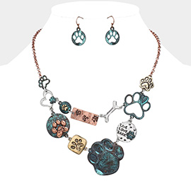 Metal Paw Dog Bone Link Bib Necklace