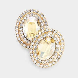 Rhinestone Trim Oval Stone Stud Evening Earrings