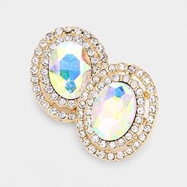 Rhinestone Trim Oval Stone Stud Evening Earrings