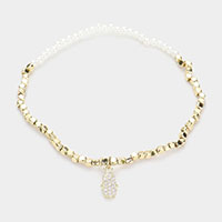 Pearl Brass Metal Cube Beaded CZ Hamsa Hand Charm Stretch Bracelet
