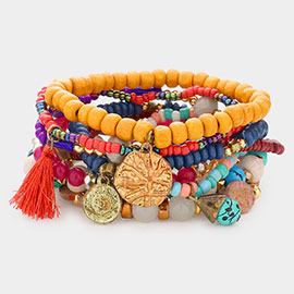 10PCS - Wood Multi Beaded Crushed Metal Disc Tassel Charm Stretch Bracelets