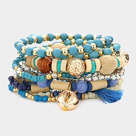 10PCS - Metal Puka Shell Tassel Charm Wood Beaded Stretch Bracelets
