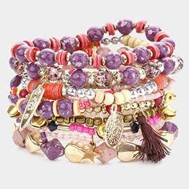 10PCS - Metal Coin Star Tassel Charm Wood Multi Beaded Stretch Bracelets